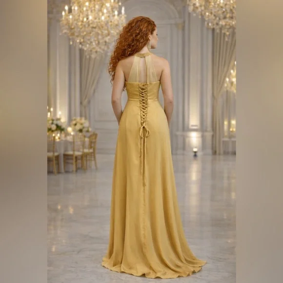 NWOT Gold Champagne Women’s Formal Military Kentucky Derby Wedding Gale Gown 10 - Picture 7 of 10